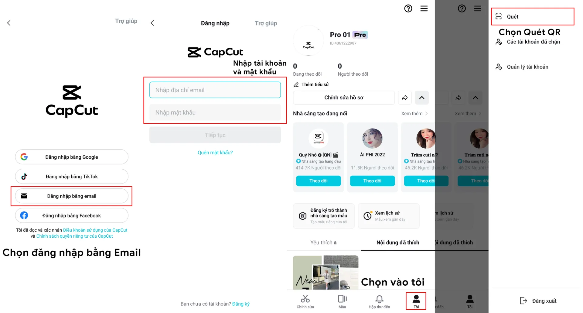 Đăng nhập Capcut Pro trên điện thoại